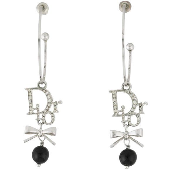 Dior Jewelry - AUTH VTG Christian Dior Silver Crystal Logo Bow Hoop Earrings